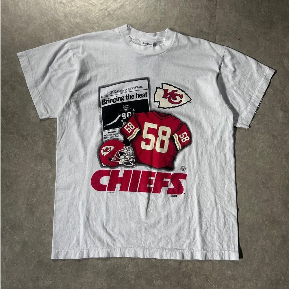 1999 Vintage Kansas City Chiefs Derrick Thomas Newspaper White T-Shirt -XL